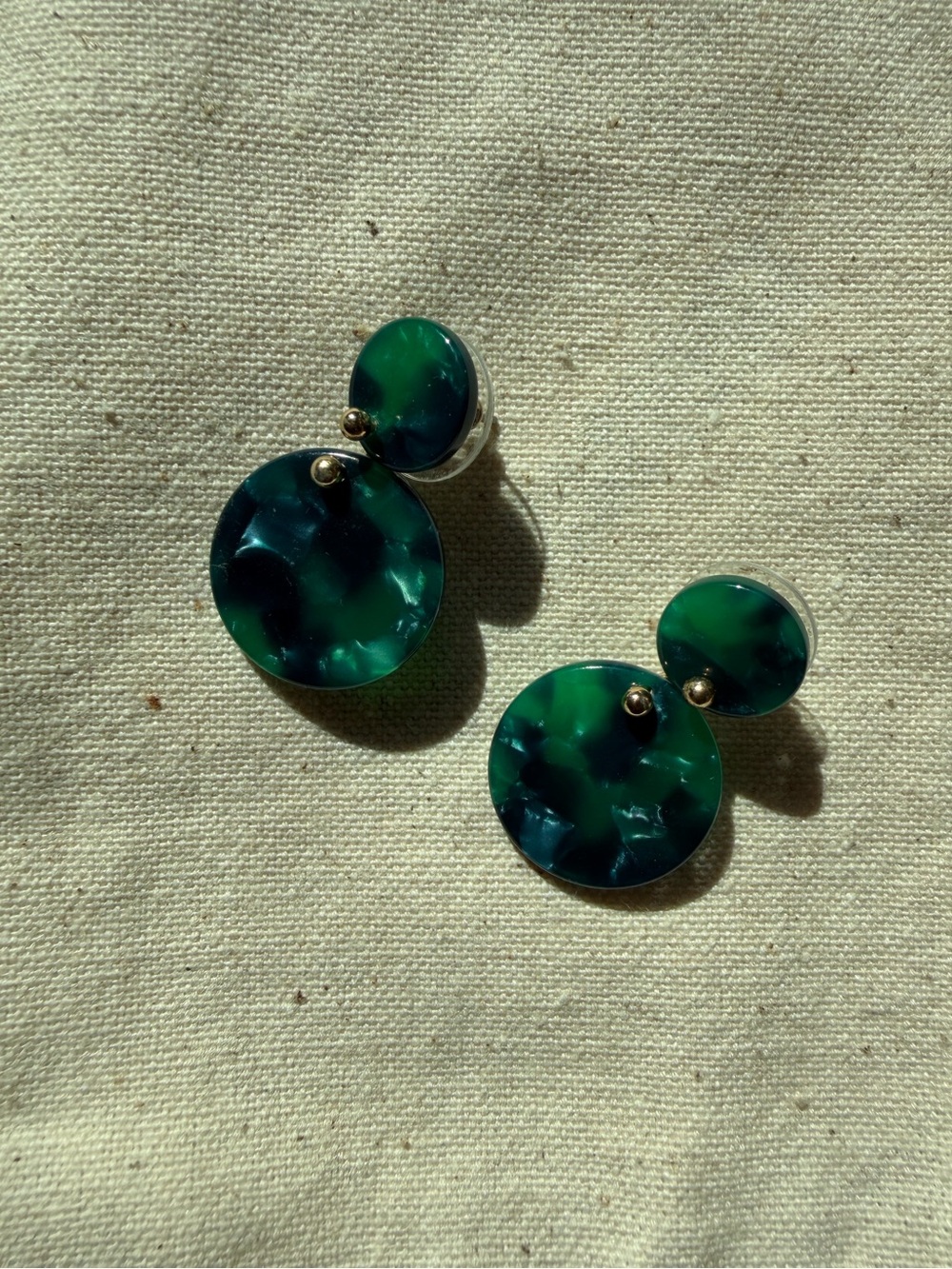 Green Resin Gold‎ Double Circle Drop Earrings Mermaid Art Deco Boho Coastal